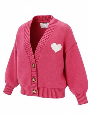 Old Navy Girls Pink Knit Cardigan Sweater White Heart V-Neck Button XS (5)